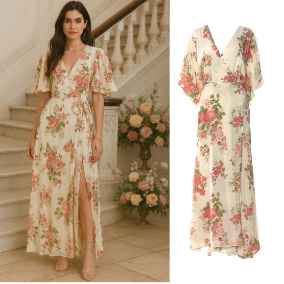 Reformation Dresses & Skirts - RARE‎ REFORMATION MAXI FLORAL PINK CREAM KIMONO SLEEVES WRAP DRESS XL EUC